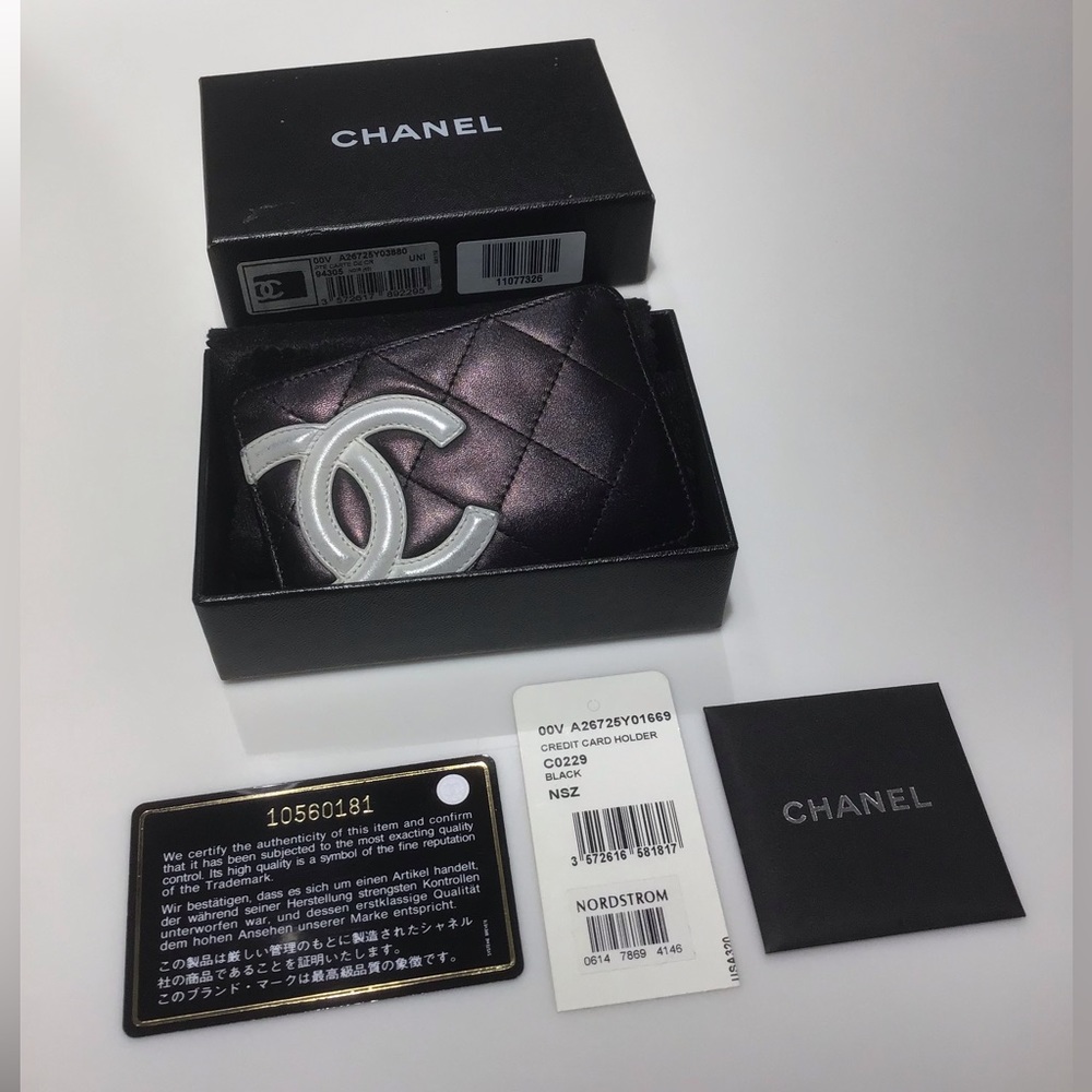CHANEL Cambon Card Holder/Wallet  Black Quilted with White CC Logo